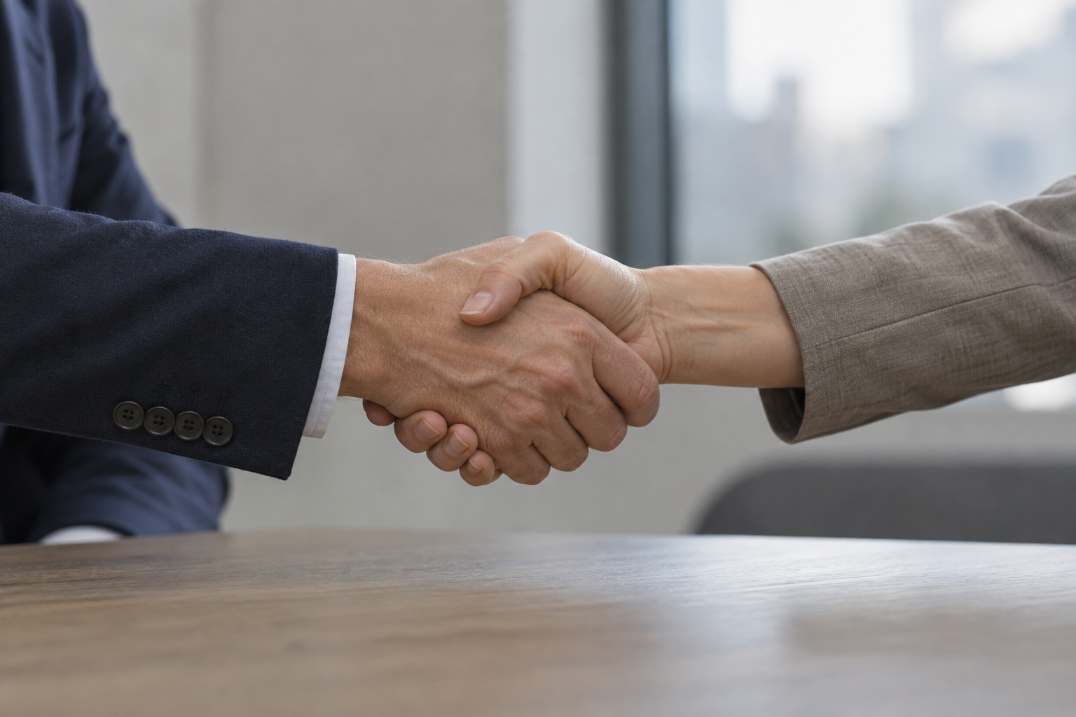 Two people shaking hands across a meeting table.
